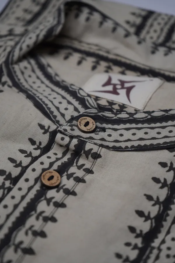 Beige_And_Black_Bamboo_Linen_Kurta_For_Men
