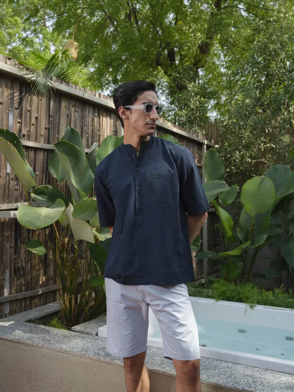 Blue_Bamboo_Linen_Kurta_For_Men