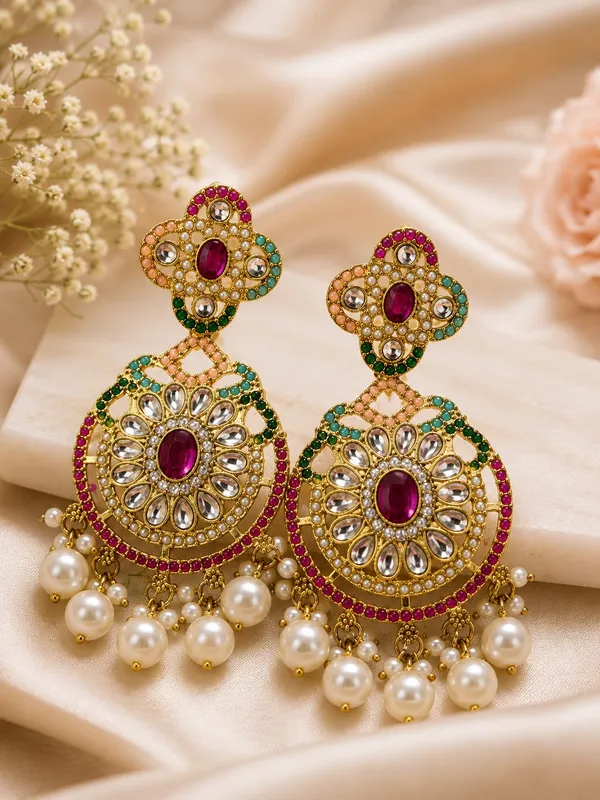 ALLOY_METAL_Kundan_Floral_Earrings_|_Multi_Colour_Meena_Pearl_Drop_Statement_Earrings