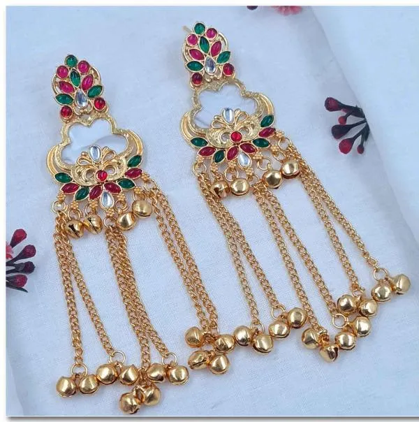 Gold_Plated_Temple_Chain_Tassel_Earrings_|_Red_Green_Stone_Floral_Cutout_Gold_Ball_Tassel