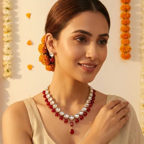 Statement_Silver_Red_Beaded_Necklace_Earring_Set
