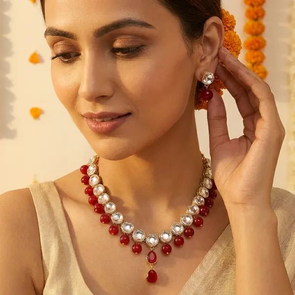 Statement_Silver_Red_Beaded_Necklace_Earring_Set