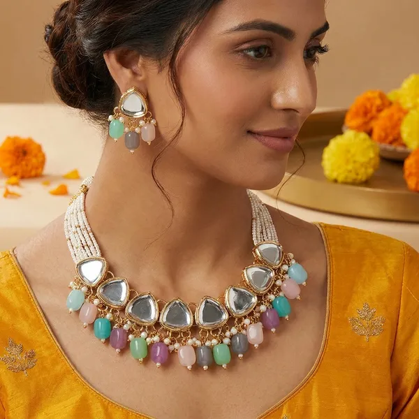 Multi-Strand_White_Bead_Necklace_With_Grey_Stone_Pendant_And_Colourful_Bead_Tassels