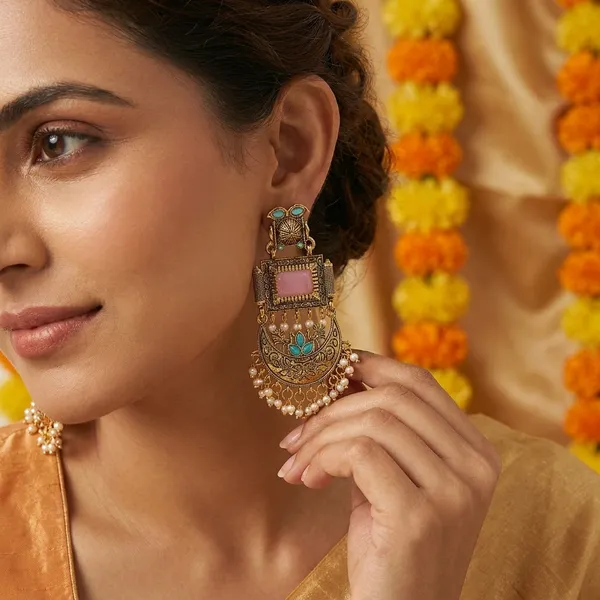 Elegant_Emerald_Soft_Pastel_Pink_And_Turquoise_Blue_Stone_Drops_With_Chand_Bali_Earrings
