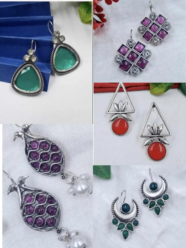 Oxidised_Silver_Stone_Earrings_Combo_|_German_Silver_Boho_Dangler_|_Peacock_Triangle_Moon_Square_Earrings_Set