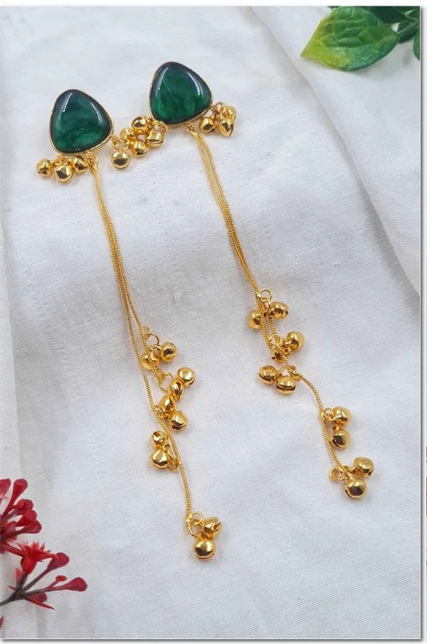 Elegant_Emerald_Green_Stone_Drop_Earrings_With_Golden_Ghungroo_Chain