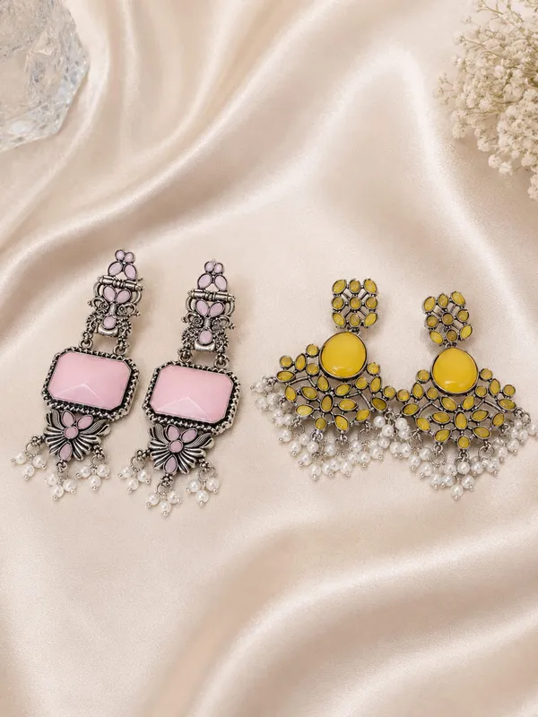 Oxidised_Silver_Stone_Chandelier_Earrings_|_German_Silver_Yellow_Pink_Stone_Pearl_Drop_Dangler_for_Festive