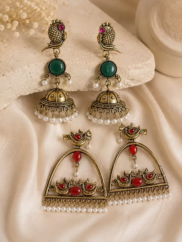 Antique_Gold_Peacock_Parrot_Stone_Pearl_Drop_Earrings