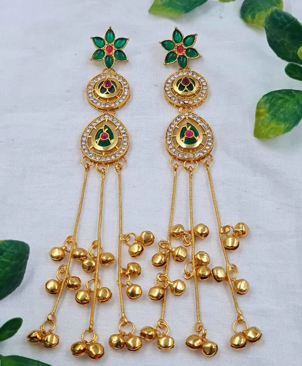 Gold_Plated_Green_Pink_Kundan_Long_Tassel_Earrings