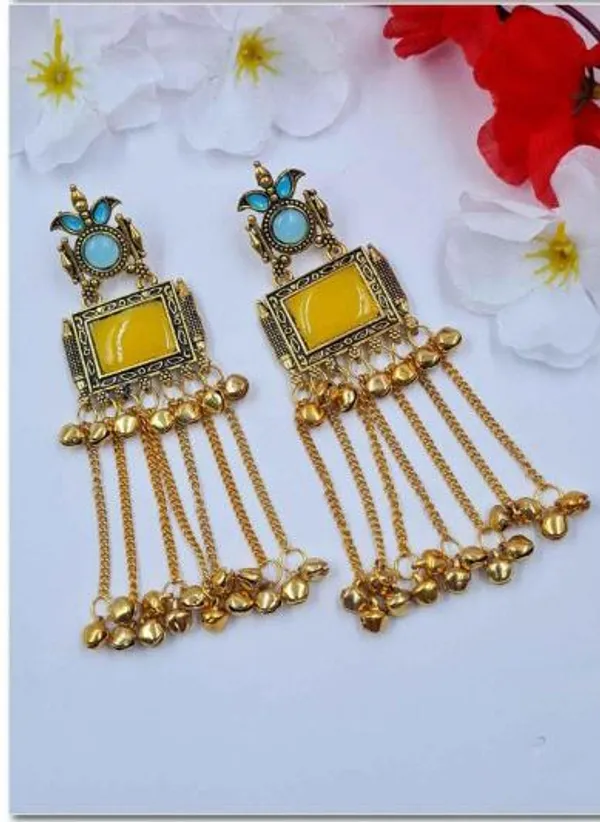 ALLOY_METAL_Chain_Tassel_Earrings_|_Temple_Jewellery_Yellow_Stone_Turquoise_Top_Ghungroo_Dangler