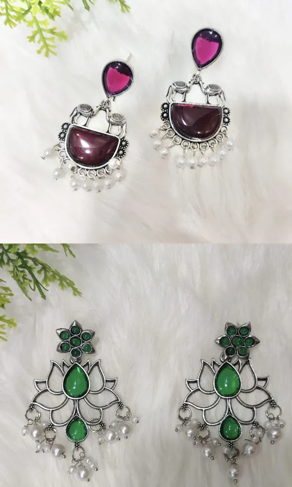 Oxidised_Silver_Stone_Pearl_Drop_Earrings_|_German_Silver_Tribal_Dangler_|_Elephant_Lotus_Chandelier_Earrings