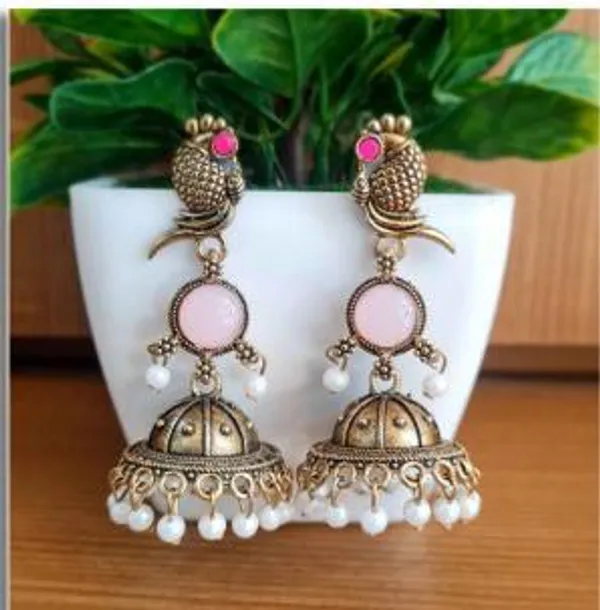 Oxidised_Gold_Peacock_Jhumka_Earrings_|_Antique_Pink_Stone_Pearl_Bead_Jhumki_for_Saree