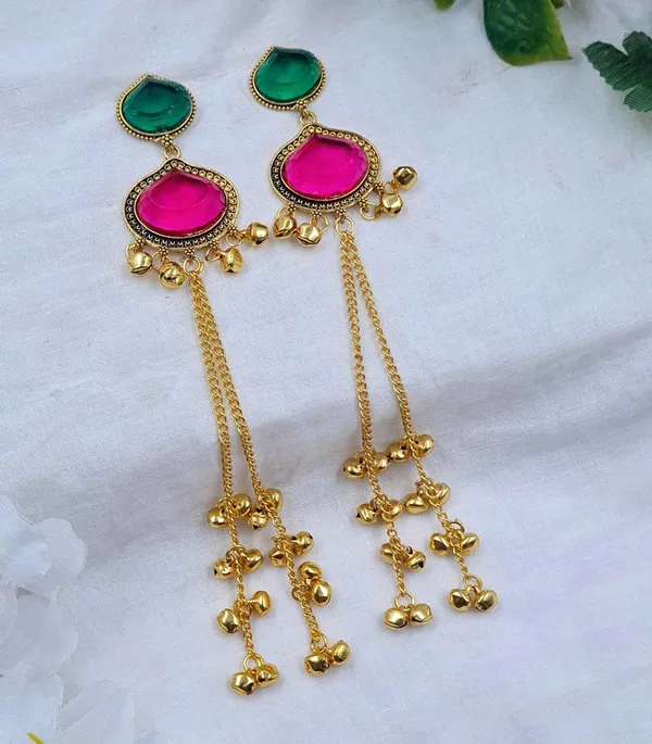 Gold_Plated_Pink_Green_Stone_Long_Chain_Tassel_Earrings