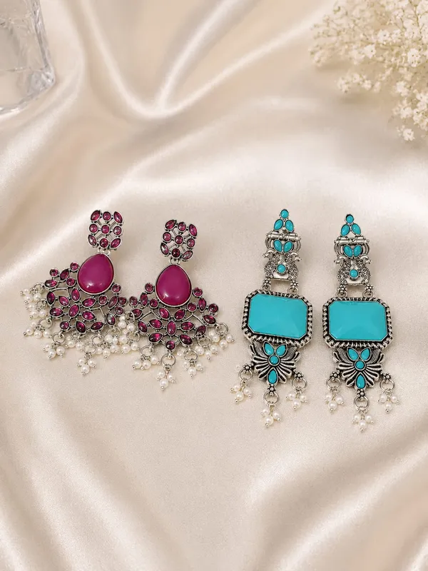 Oxidised_Silver_Stone_Chandelier_Earrings_|_German_Silver_Blue_Purple_Stone_Pearl_Drop_Dangler_for_Wedding