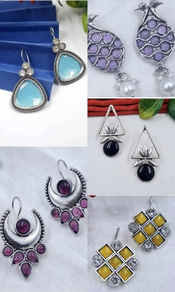 Oxidised_Silver_Stone_Earrings_|_German_Silver_Boho_Dangler_Set_|_Peacock_Triangle_Moon_Square_Earrings