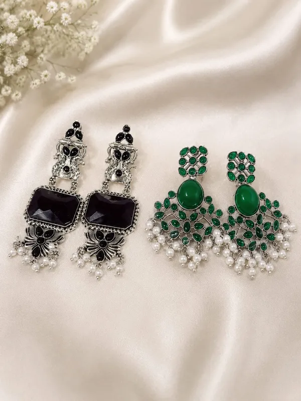 Oxidised_Silver_Stone_Chandelier_Earrings_|_German_Silver_Black_Green_Stone_Pearl_Drop_Dangler_for_Festive