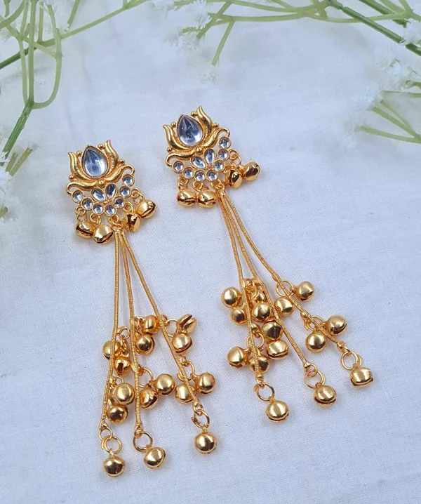 Gold_Plated_Kundan_Lotus_Triple_Chain_Tassel_Earrings