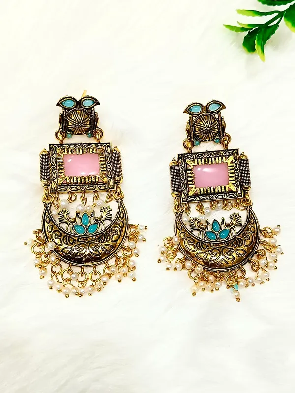 Elegant_Emerald_Soft_Pastel_Pink_And_Turquoise_Blue_Stone_Drops_With_Chand_Bali_Earrings