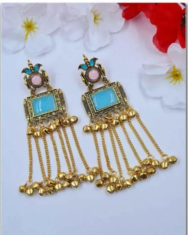 Gold_Plated_Chain_Tassel_Earrings_|_Temple_Jewellery_Turquoise_Blue_Stone_Peacock_Ghungroo_Dangler