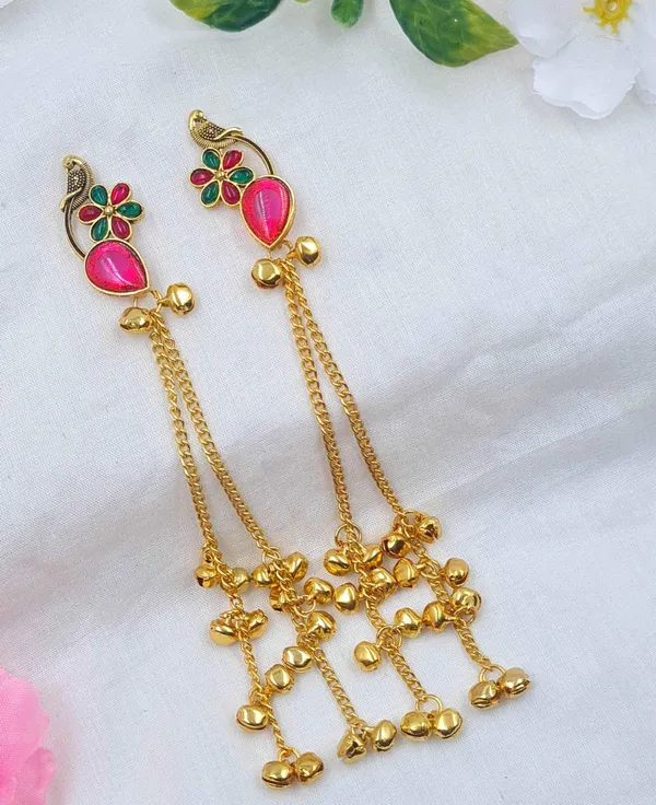 Gold_Plated_Pink_Green_Parrot_Meenakari_Triple_Chain_Tassel_Earrings