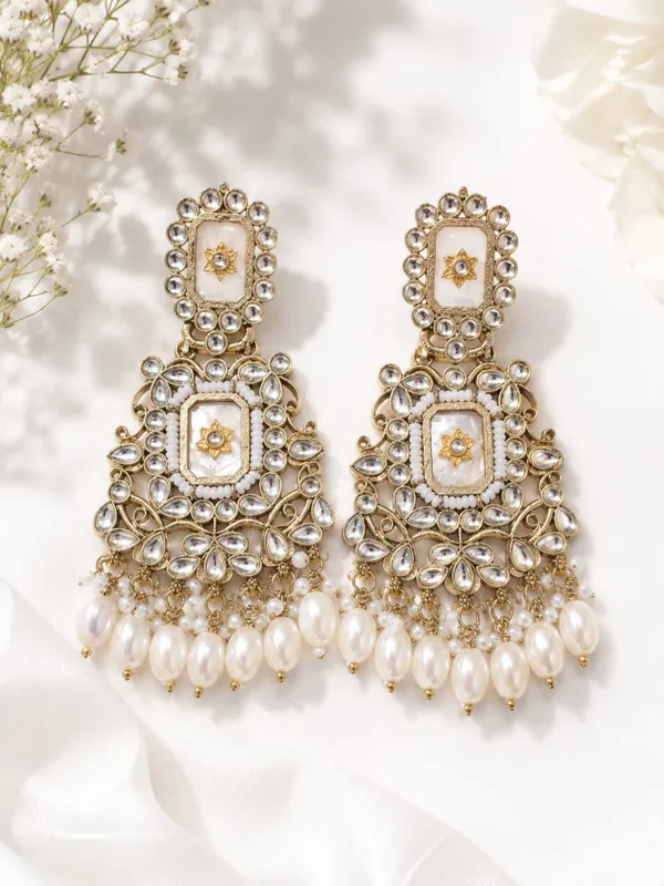 ALLOY_METAL_Kundan_Mirror_Pearl_Chandelier_Earings