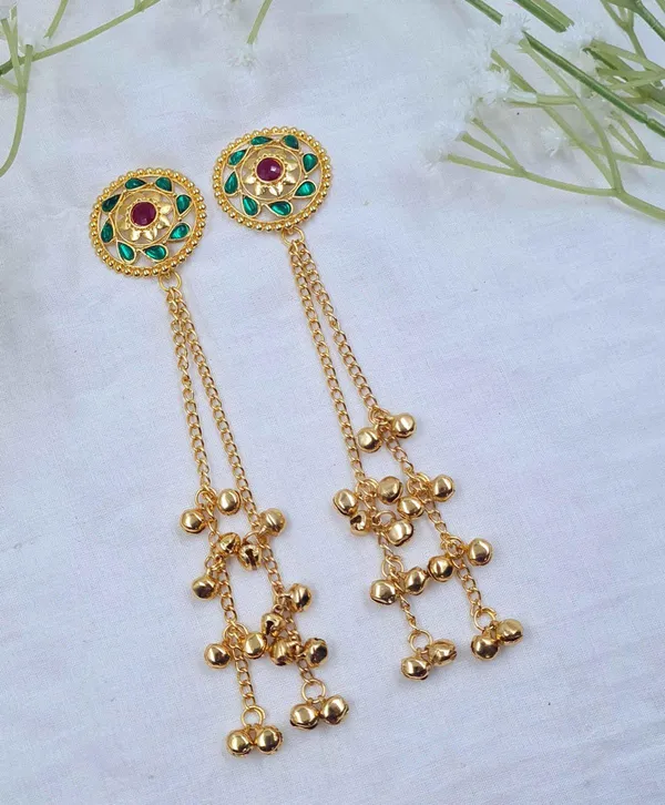 Gold_Plated_Red_Green_Meenakari_Round_Long_Chain_Tassel_Earrings