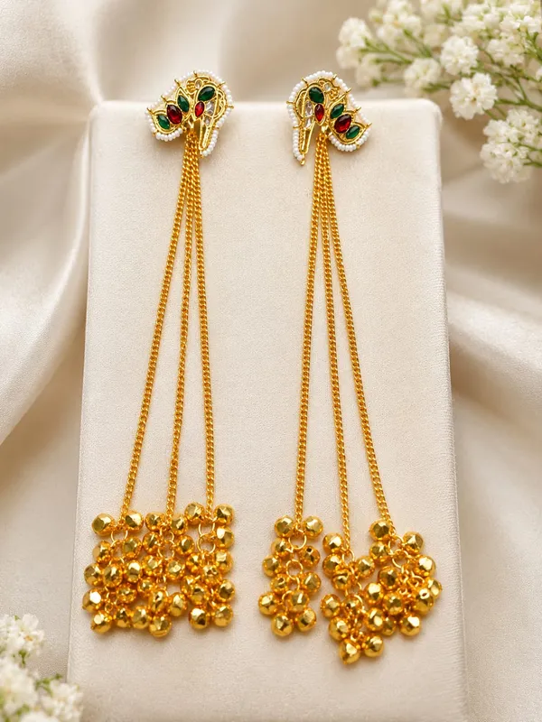 Gold_Plated_Peacock_Kundan_Long_Chain_Tassel_Earrings