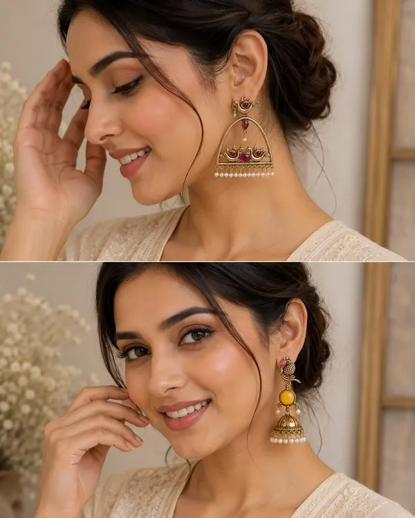 Antique_Gold_Peacock_Parrot_Stone_Pearl_Drop_Earrings_|_Oxidised_Temple_Jewellery_Chandbali_Jhumka