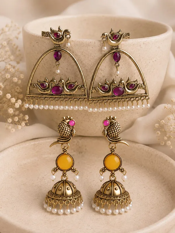 Antique_Gold_Peacock_Parrot_Stone_Pearl_Drop_Earrings_|_Oxidised_Temple_Jewellery_Chandbali_Jhumka