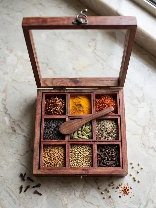 Brown_Handcrafted_Wooden_Spice_Box_With_Multiple_Compartments_Lid