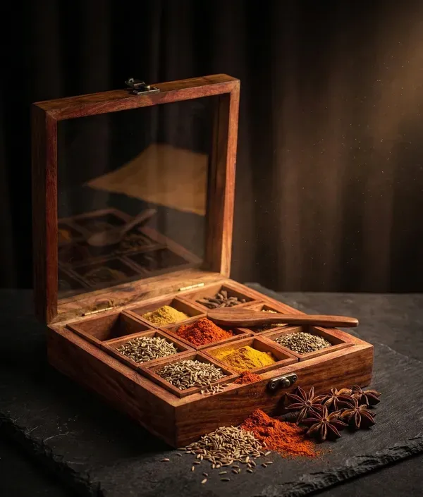 Brown_Handcrafted_Wooden_Spice_Box_With_Multiple_Compartments_Lid