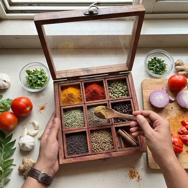 Brown_Handcrafted_Wooden_Spice_Box_With_Multiple_Compartments_Lid
