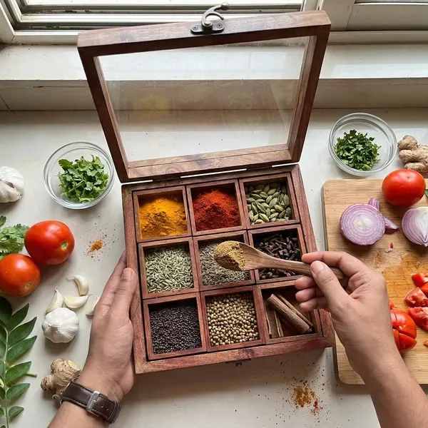 Brown_Handcrafted_Wooden_Spice_Box_With_Multiple_Compartments_Lid