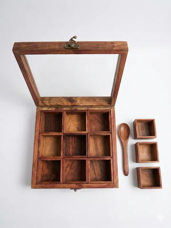 Brown_Handcrafted_Wooden_Spice_Box_With_Multiple_Compartments_Lid