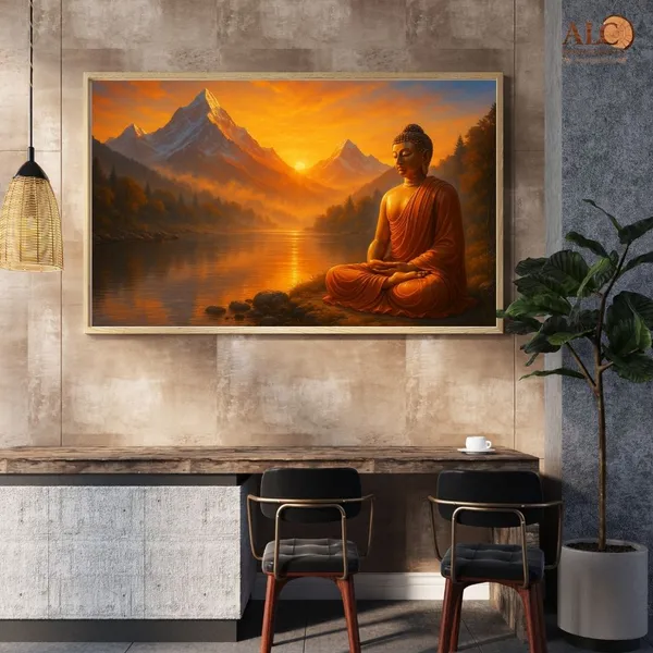 Divine_Morning_Energy_Buddha__Wall_Art_-_Framed_Spiritual_Painting_With_Sunrise_Mountain_Landscape_For_North-East