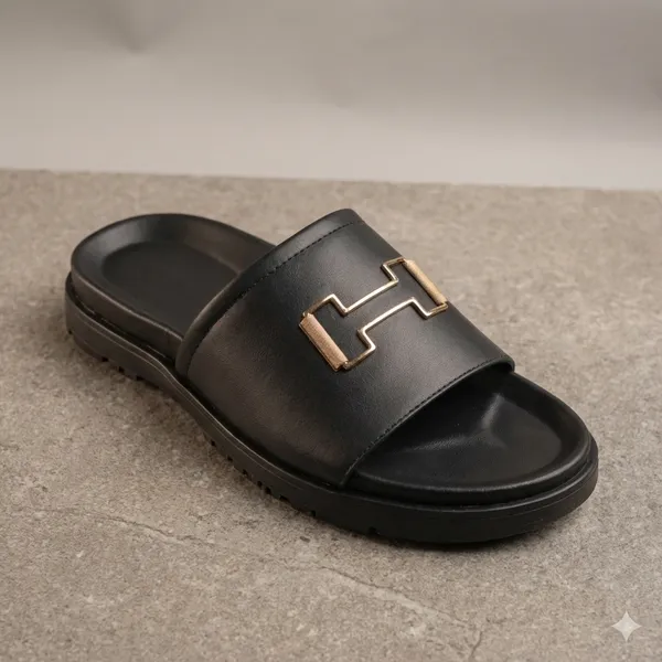 Men'S_Black_Slide_Sandals_With_Gold_H_Buckle