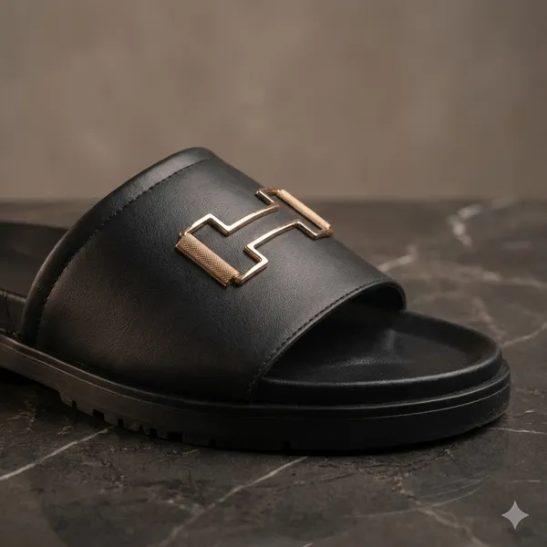 Men'S_Black_Slide_Sandals_With_Gold_H_Buckle