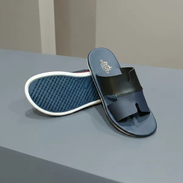 Hermes_Men'S_Navy_Blue_Leather_Slip-On_Sandals