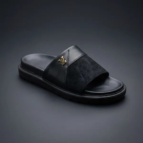 Premium_Black_Leather_Slide_Sandals_With_Gold_Accent