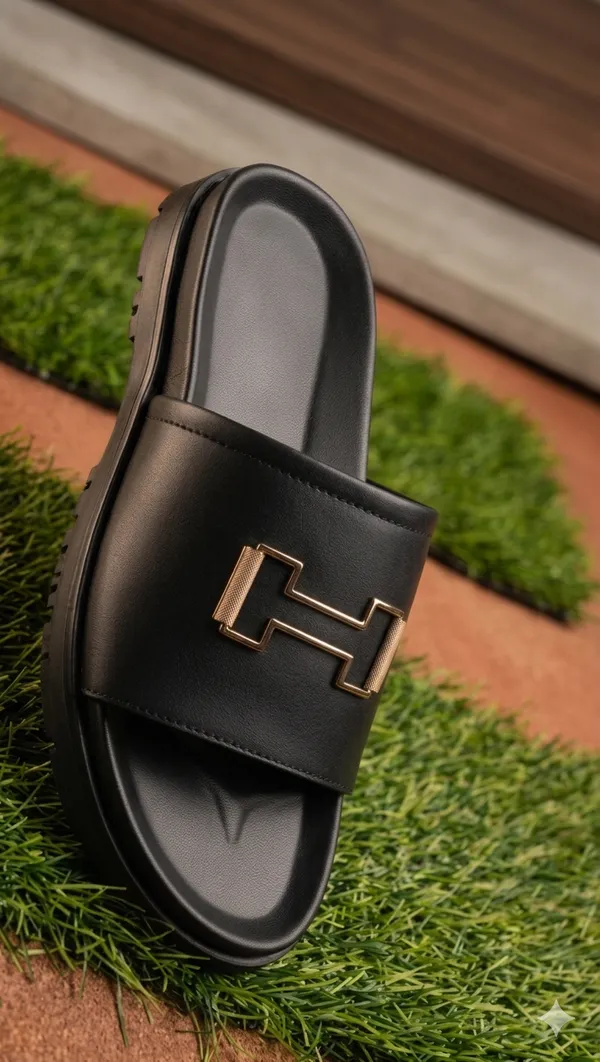 Men'S_Black_Slide_Sandals_With_Gold_H_Buckle