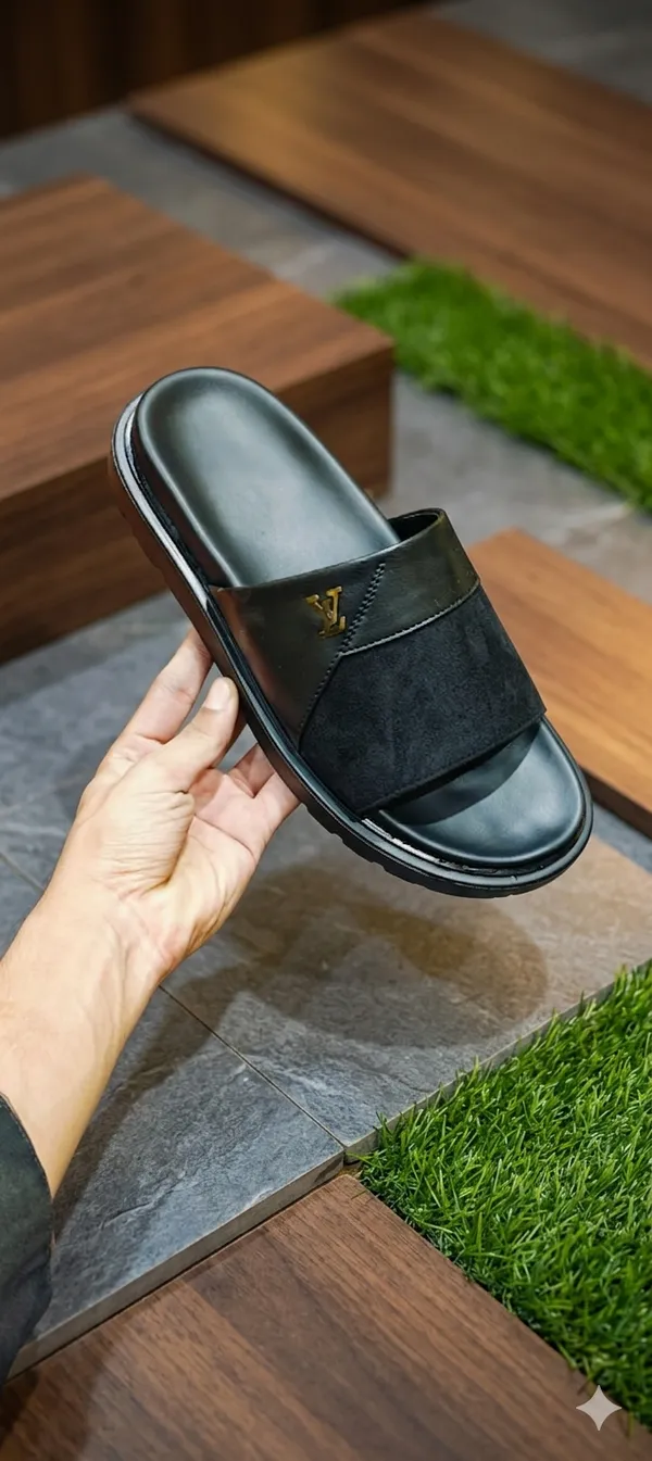 Premium_Black_Leather_Slide_Sandals_With_Gold_Accent