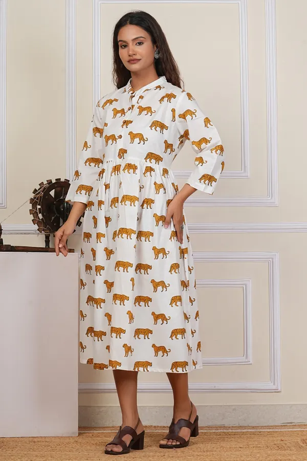 White_Tiger_Print_Collared__Dress_With_3/4_Sleeves