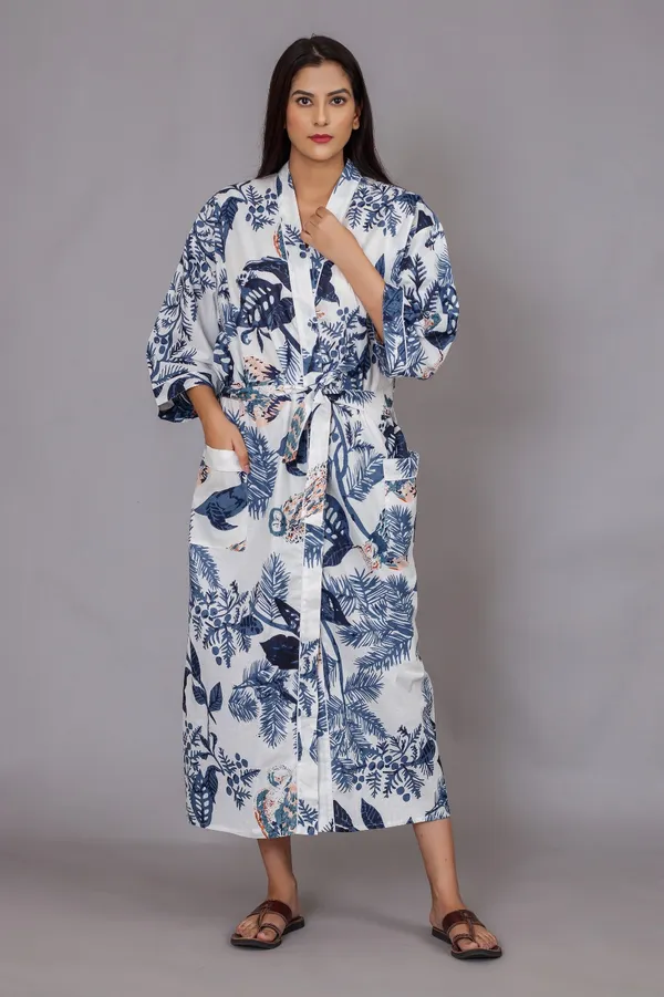 Blue_&_White_Tropical_Print_Long_Kimono_Robe_For_Women