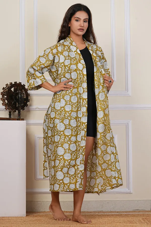 Hand_Block_Print_Cotton_Bathrobe_For_Women_-_Mustard_Yellow_Floral_Pattern
