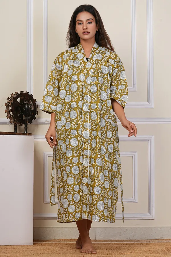 Hand_Block_Print_Cotton_Bathrobe_For_Women_-_Mustard_Yellow_Floral_Pattern