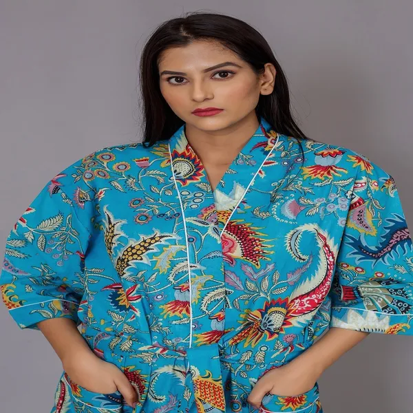 Turquoise_Blue_Floral_Bird_Print_Cotton_Bathrobe