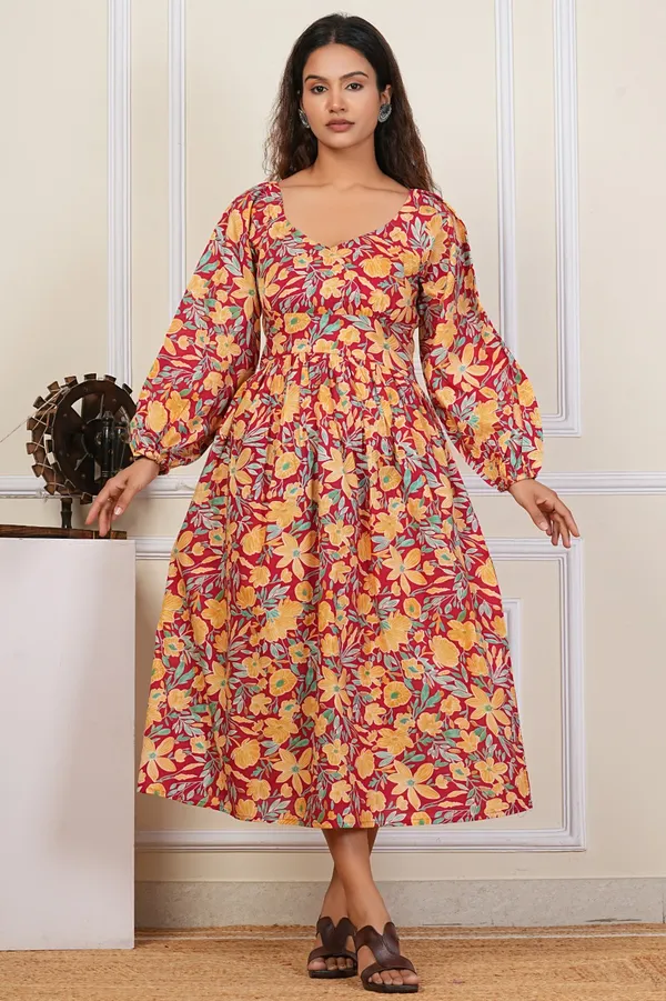 Women'S_Floral_Print_Long_Sleeve_Midi_Dress_With_V-Neck