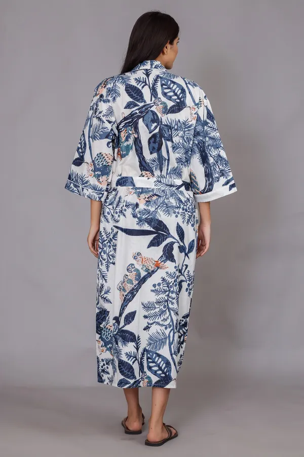 Blue_&_White_Tropical_Print_Long_Kimono_Robe_For_Women