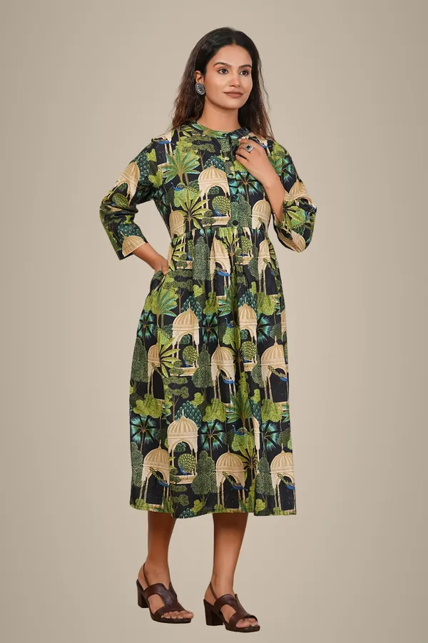 Women'S_Green_Botanical_Print_Fit_And_Flare_With_3/4_Sleeves