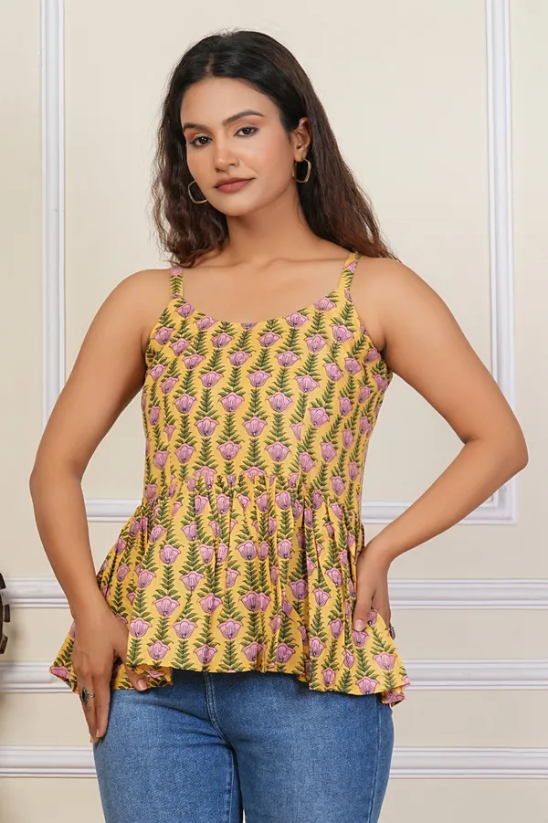 Yellow_Floral_Print_Peplum_Top_With_Adjustable_Straps
